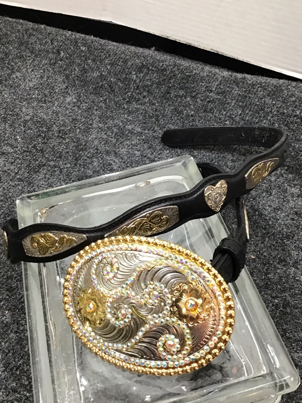 Resistol Black Leather western belt Gold Oval Crystal buckle 32 R1202263